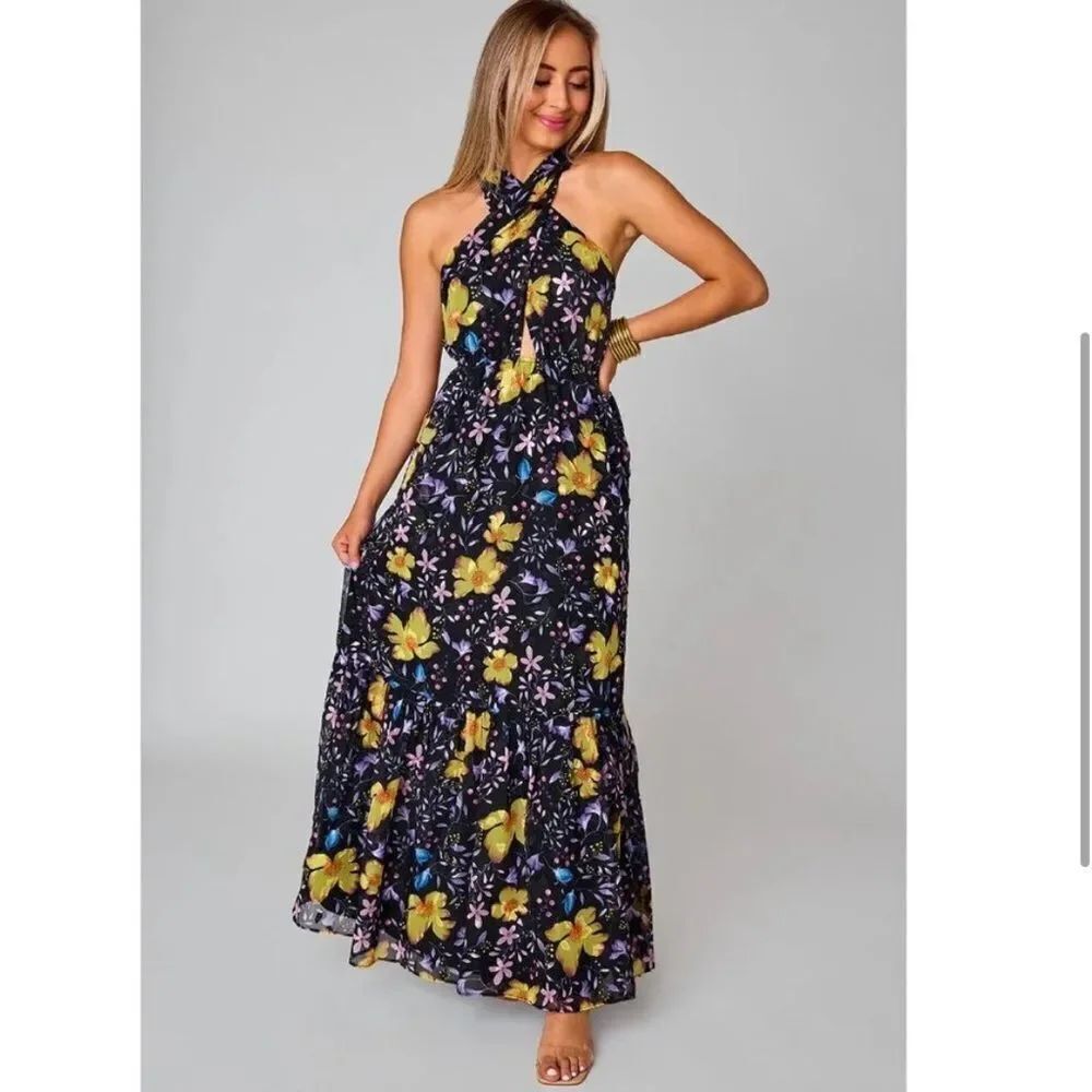 Buddy Love Pepper Enchanted Halter Maxi Dress Lined Black Purple NEW